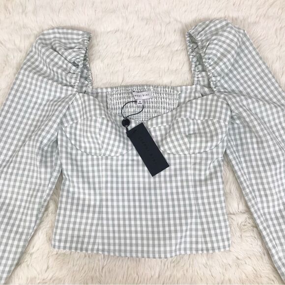 GIANNI BINI Gingham Peasant Crop Top Puff Sleeve Mint Green Size 0 8 10 New - Picture 5 of 15